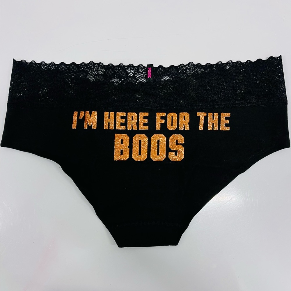 PINK Victoria's Secret Halloween I’m Here For The Boo’s Black Lace Panties